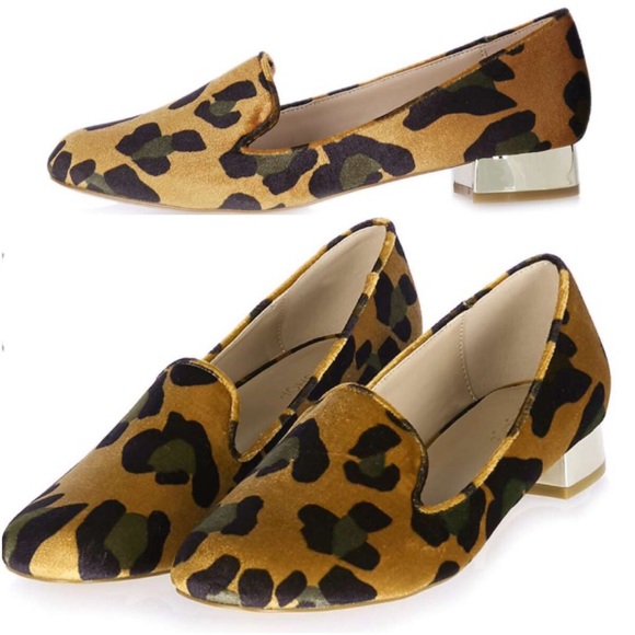 Topshop Shoes - Topshop Sunny Velvet Leopard Slippers Gold Heel